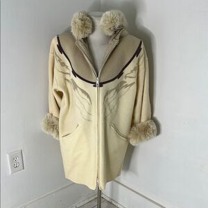 Vintage 80s Linda Lindstrom Wool Native Look Faux Fur Trim Parka Coat
